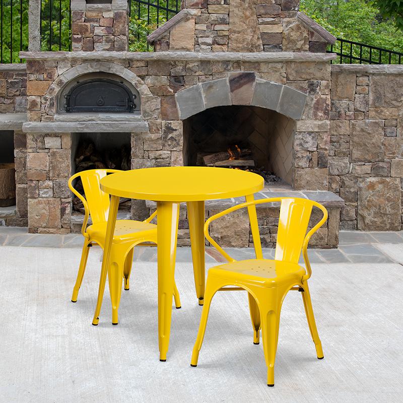 Flash Furniture 30'' Round Yellow Metal Indoor-Outdoor Table Set with 2 Arm Chairs - CH-51090TH-2-18ARM-YL-GG