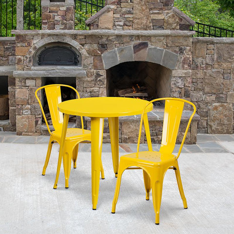 Flash Furniture 30'' Round Yellow Metal Indoor-Outdoor Table Set with 2 Cafe Chairs - CH-51090TH-2-18CAFE-YL-GG