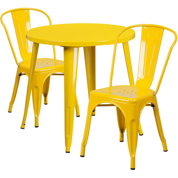 Flash Furniture 30'' Round Yellow Metal Indoor-Outdoor Table Set with 2 Cafe Chairs - CH-51090TH-2-18CAFE-YL-GG