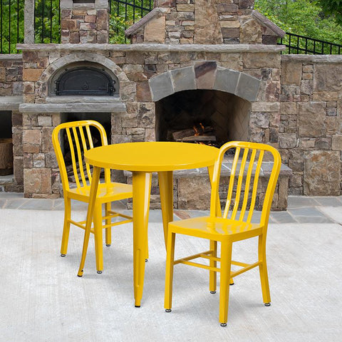 Flash Furniture 30'' Round Yellow Metal Indoor-Outdoor Table Set with 2 Vertical Slat Back Chairs - CH-51090TH-2-18VRT-YL-GG