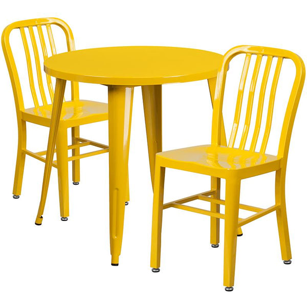 Flash Furniture 30'' Round Yellow Metal Indoor-Outdoor Table Set with 2 Vertical Slat Back Chairs - CH-51090TH-2-18VRT-YL-GG