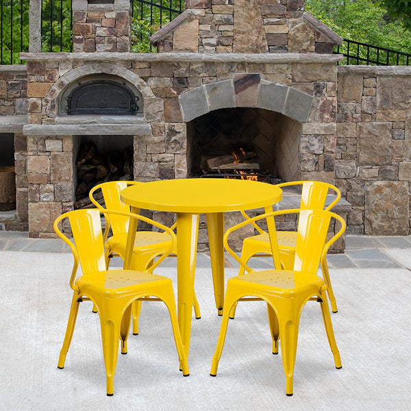 Flash Furniture 30'' Round Yellow Metal Indoor-Outdoor Table Set with 4 Arm Chairs - CH-51090TH-4-18ARM-YL-GG