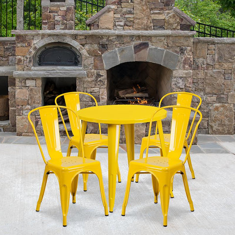 Flash Furniture 30'' Round Yellow Metal Indoor-Outdoor Table Set with 4 Cafe Chairs - CH-51090TH-4-18CAFE-YL-GG