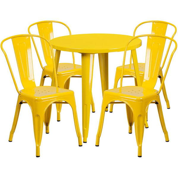 Flash Furniture 30'' Round Yellow Metal Indoor-Outdoor Table Set with 4 Cafe Chairs - CH-51090TH-4-18CAFE-YL-GG