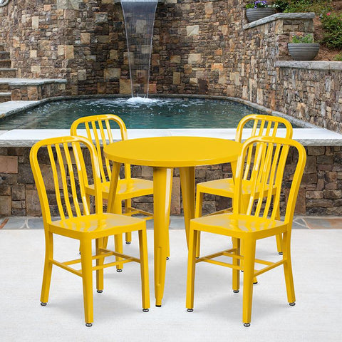 Flash Furniture 30'' Round Yellow Metal Indoor-Outdoor Table Set with 4 Vertical Slat Back Chairs - CH-51090TH-4-18VRT-YL-GG