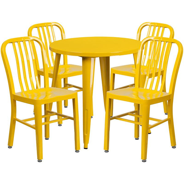 Flash Furniture 30'' Round Yellow Metal Indoor-Outdoor Table Set with 4 Vertical Slat Back Chairs - CH-51090TH-4-18VRT-YL-GG