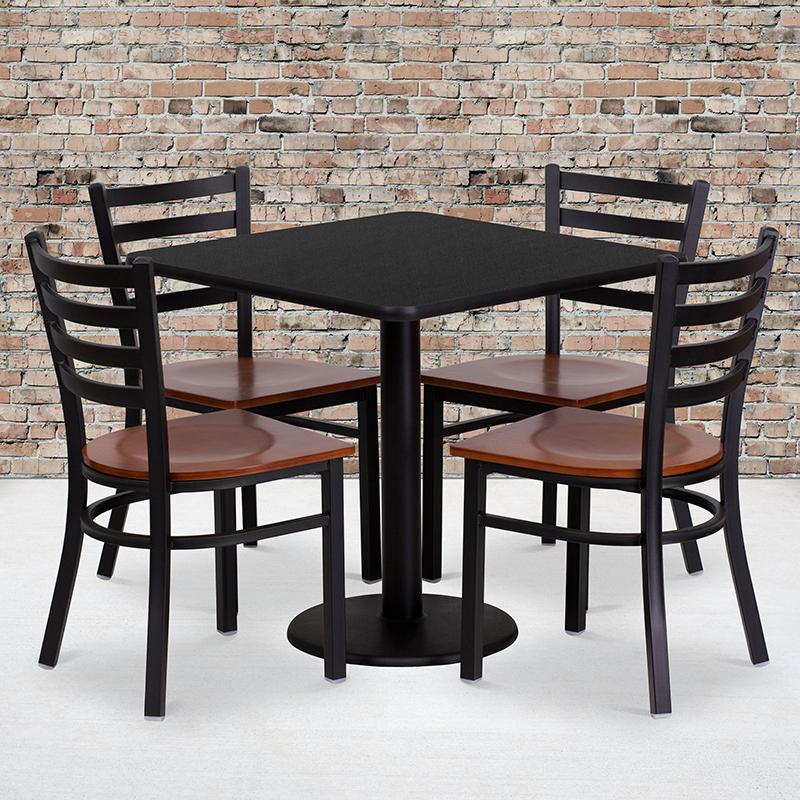 Flash Furniture 30'' Square Black Laminate Table Set with 4 Ladder Back Metal Chairs - Cherry Wood Seat - MD-0003-GG