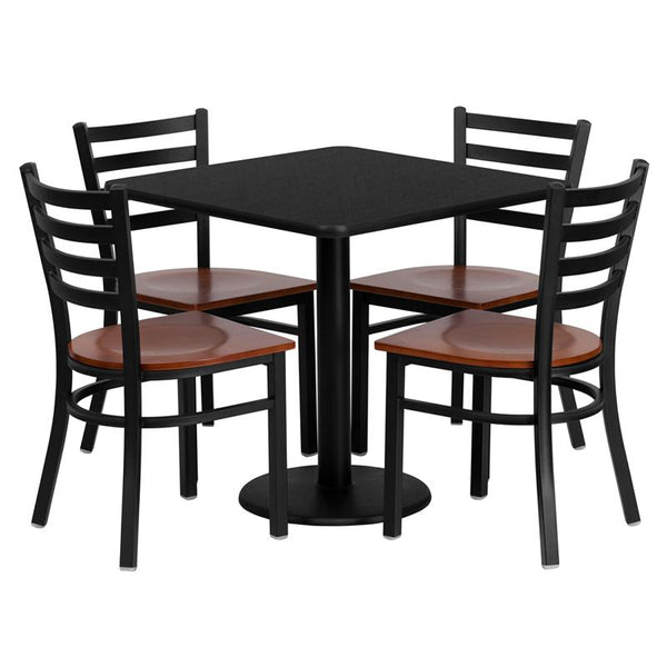 Flash Furniture 30'' Square Black Laminate Table Set with 4 Ladder Back Metal Chairs - Cherry Wood Seat - MD-0003-GG