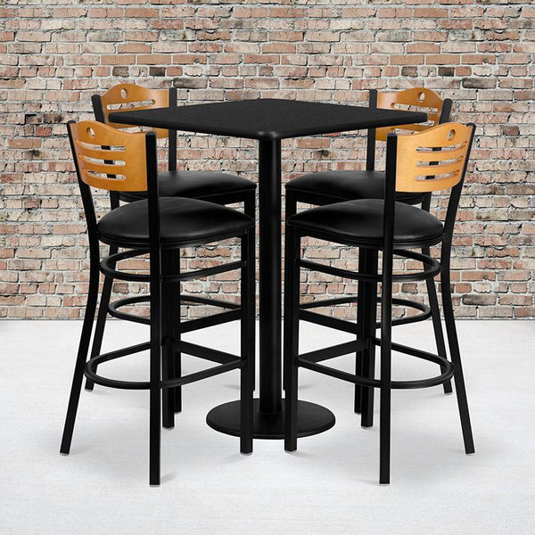 Flash Furniture 30'' Square Black Laminate Table Set with 4 Wood Slat Back Metal Barstools - Black Vinyl Seat - MD-0019-GG