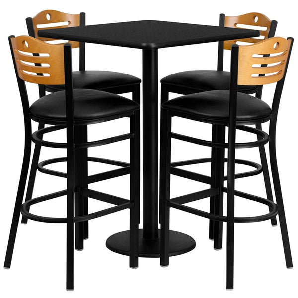 Flash Furniture 30'' Square Black Laminate Table Set with 4 Wood Slat Back Metal Barstools - Black Vinyl Seat - MD-0019-GG