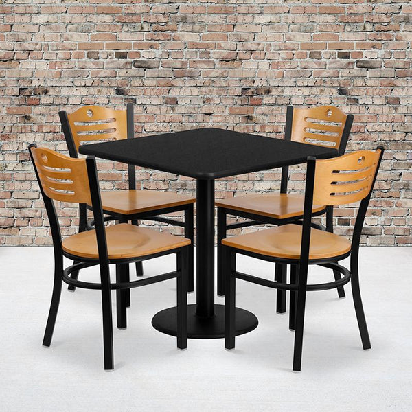 Flash Furniture 30'' Square Black Laminate Table Set with 4 Wood Slat Back Metal Chairs - Natural Wood Seat - MD-0010-GG