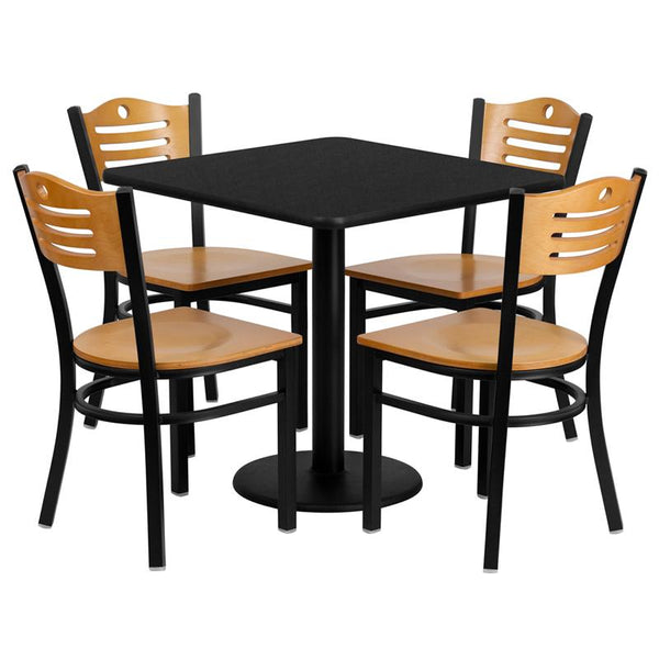 Flash Furniture 30'' Square Black Laminate Table Set with 4 Wood Slat Back Metal Chairs - Natural Wood Seat - MD-0010-GG