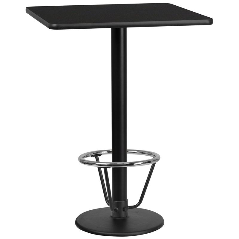 Flash Furniture 30'' Square Black Laminate Table Top with 18'' Round Bar Height Table Base and Foot Ring - XU-BLKTB-3030-TR18B-3CFR-GG