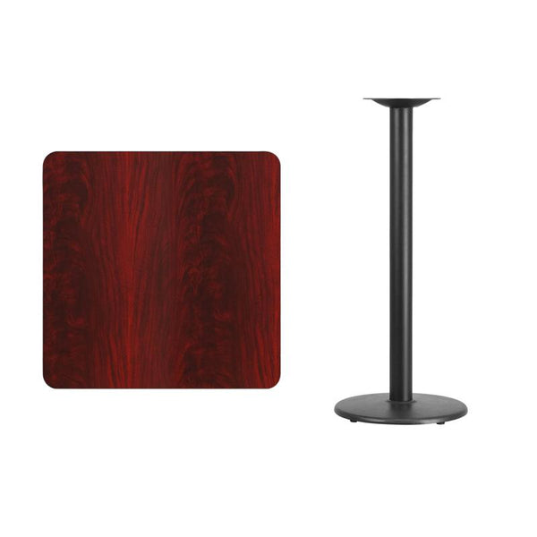 Flash Furniture 30'' Square Mahogany Laminate Table Top with 18'' Round Bar Height Table Base - XU-MAHTB-3030-TR18B-GG