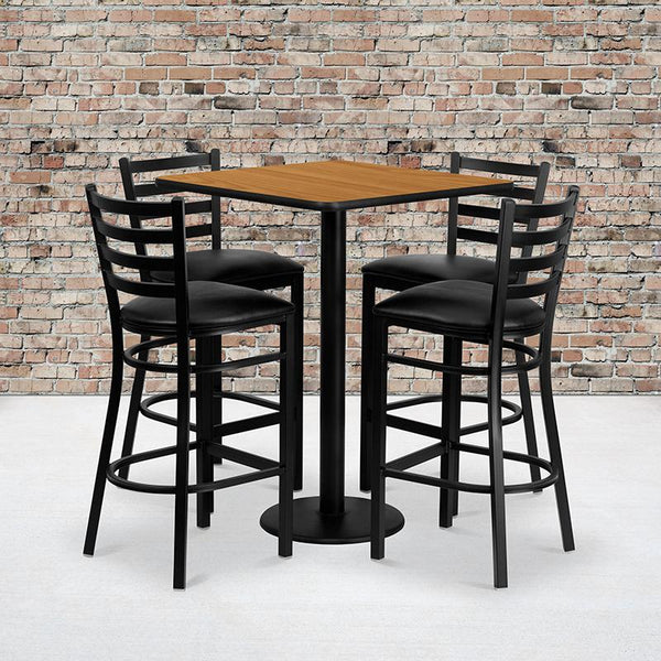 Flash Furniture 30'' Square Natural Laminate Table Set with 4 Ladder Back Metal Barstools - Black Vinyl Seat - MD-0012-GG