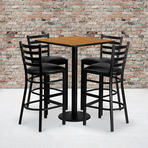 Flash Furniture 30'' Square Natural Laminate Table Set with 4 Ladder Back Metal Barstools - Black Vinyl Seat - MD-0012-GG