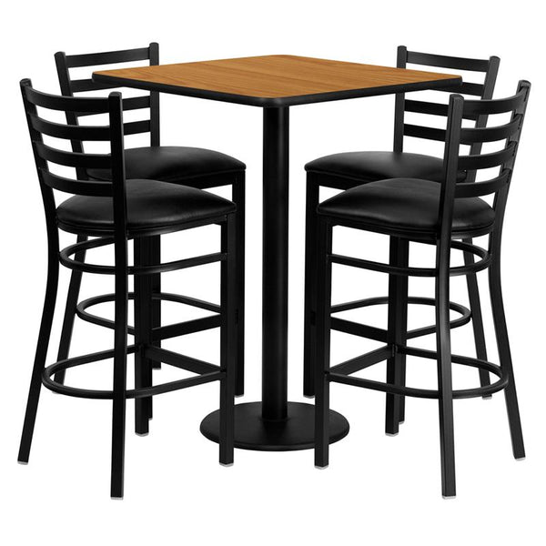 Flash Furniture 30'' Square Natural Laminate Table Set with 4 Ladder Back Metal Barstools - Black Vinyl Seat - MD-0012-GG