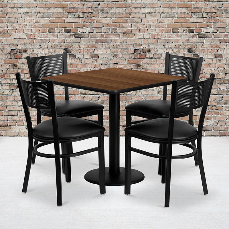 Flash Furniture 30'' Square Walnut Laminate Table Set with 4 Grid Back Metal Chairs - Black Vinyl Seat - MD-0005-GG