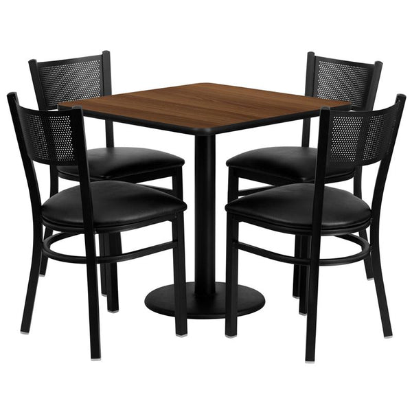 Flash Furniture 30'' Square Walnut Laminate Table Set with 4 Grid Back Metal Chairs - Black Vinyl Seat - MD-0005-GG