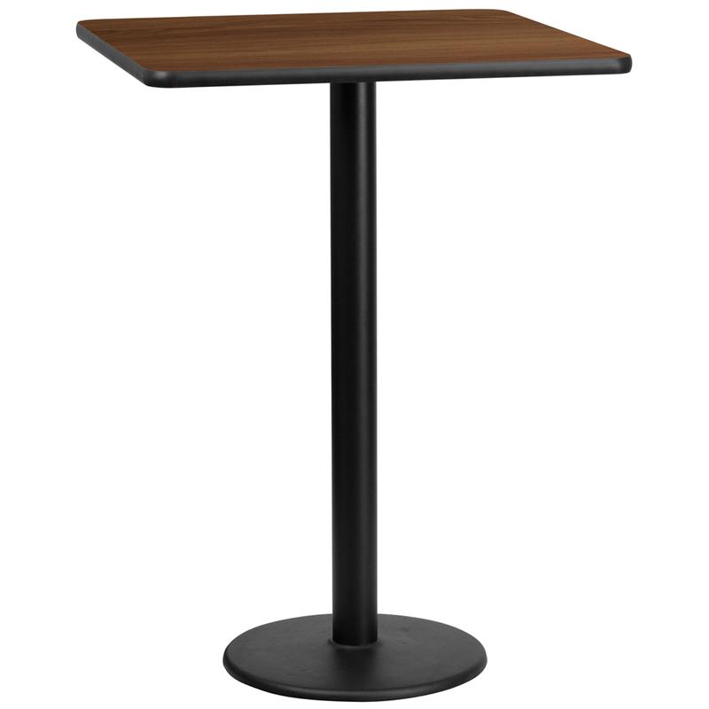 Flash Furniture 30'' Square Walnut Laminate Table Top with 18'' Round Bar Height Table Base - XU-WALTB-3030-TR18B-GG