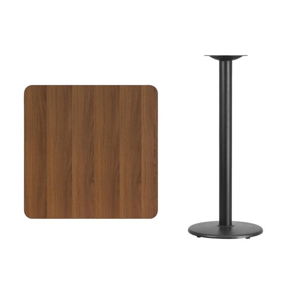 Flash Furniture 30'' Square Walnut Laminate Table Top with 18'' Round Bar Height Table Base - XU-WALTB-3030-TR18B-GG