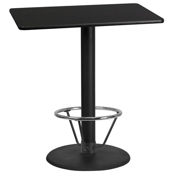 Flash Furniture 30'' x 42'' Rectangular Black Laminate Table Top with 24'' Round Bar Height Table Base and Foot Ring - XU-BLKTB-3042-TR24B-4CFR-GG