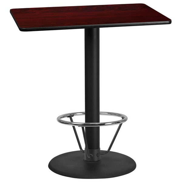 Flash Furniture 30'' x 42'' Rectangular Mahogany Laminate Table Top with 24'' Round Bar Height Table Base and Foot Ring - XU-MAHTB-3042-TR24B-4CFR-GG