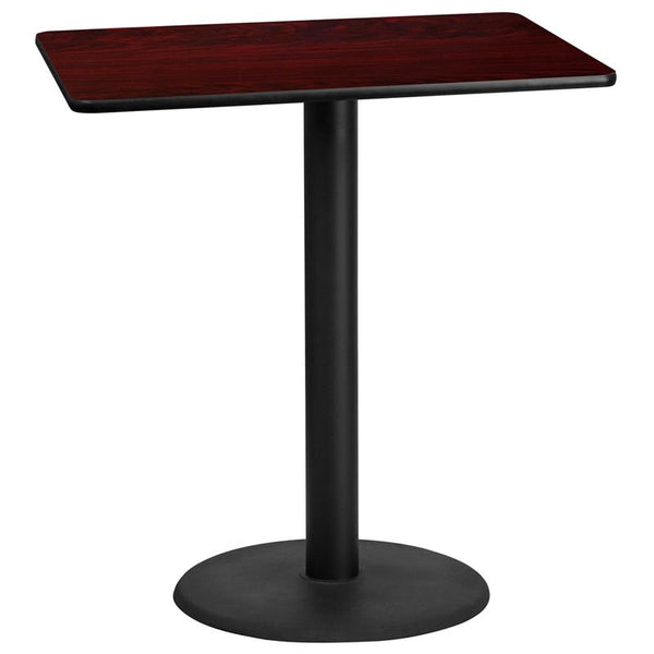 Flash Furniture 30'' x 42'' Rectangular Mahogany Laminate Table Top with 24'' Round Bar Height Table Base - XU-MAHTB-3042-TR24B-GG