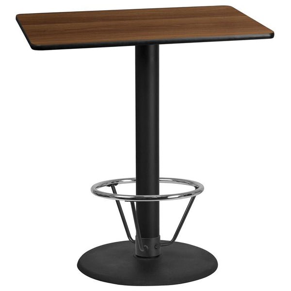 Flash Furniture 30'' x 42'' Rectangular Walnut Laminate Table Top with 24'' Round Bar Height Table Base and Foot Ring - XU-WALTB-3042-TR24B-4CFR-GG