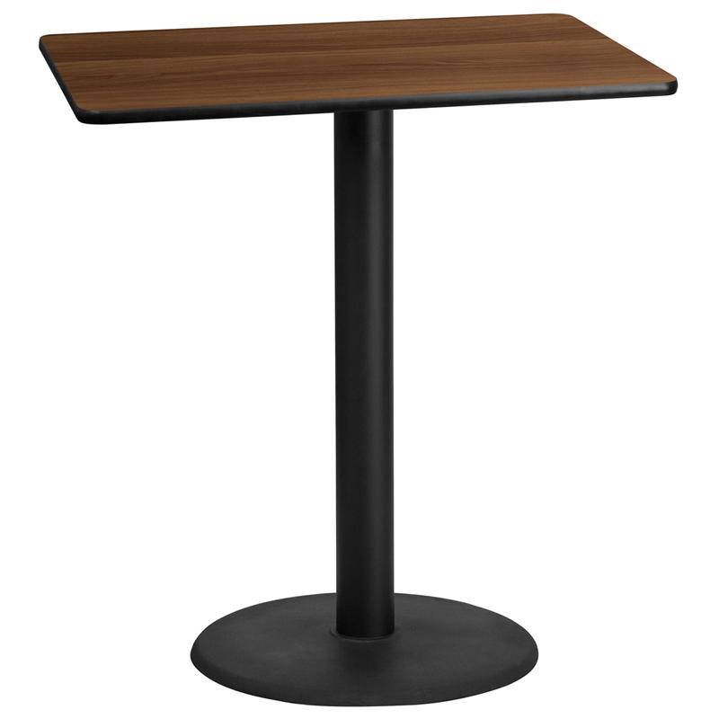 Flash Furniture 30'' x 42'' Rectangular Walnut Laminate Table Top with 24'' Round Bar Height Table Base - XU-WALTB-3042-TR24B-GG