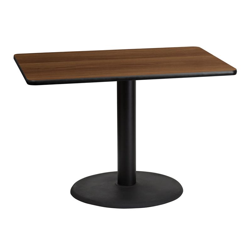 Flash Furniture 30'' x 42'' Rectangular Walnut Laminate Table Top with 24'' Round Table Height Base - XU-WALTB-3042-TR24-GG