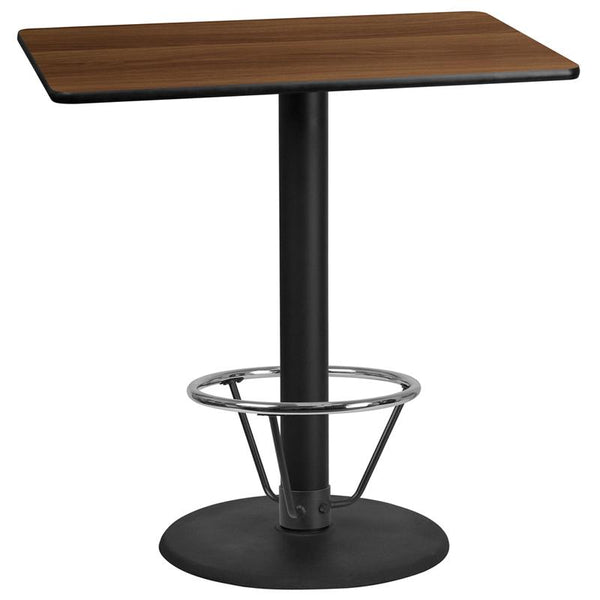 Flash Furniture 30'' x 45'' Rectangular Walnut Laminate Table Top with 24'' Round Bar Height Table Base and Foot Ring - XU-WALTB-3045-TR24B-4CFR-GG