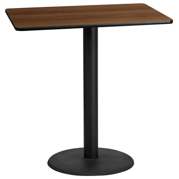 Flash Furniture 30'' x 45'' Rectangular Walnut Laminate Table Top with 24'' Round Bar Height Table Base - XU-WALTB-3045-TR24B-GG