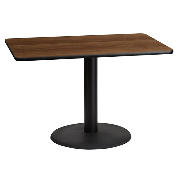 Flash Furniture 30'' x 45'' Rectangular Walnut Laminate Table Top with 24'' Round Table Height Base - XU-WALTB-3045-TR24-GG