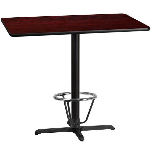 Flash Furniture 30'' x 48'' Rectangular Mahogany Laminate Table Top with 22'' x 30'' Bar Height Table Base and Foot Ring - XU-MAHTB-3048-T2230B-3CFR-GG