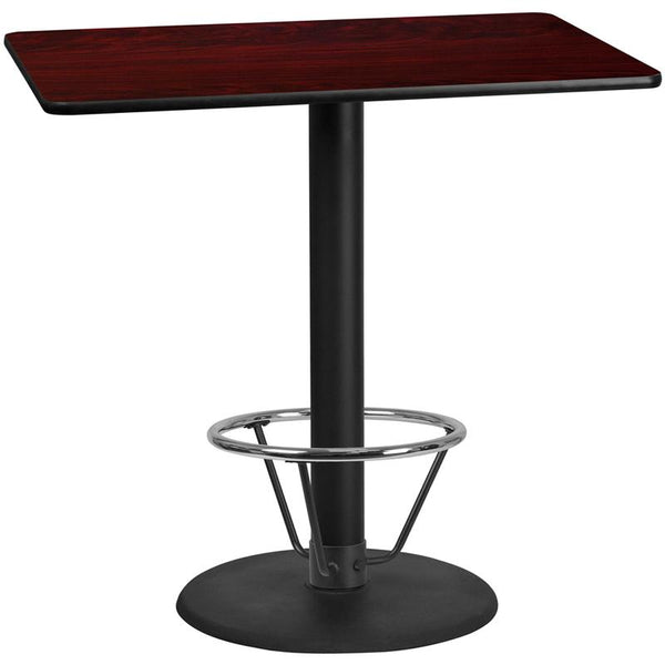 Flash Furniture 30'' x 48'' Rectangular Mahogany Laminate Table Top with 24'' Round Bar Height Table Base and Foot Ring - XU-MAHTB-3048-TR24B-4CFR-GG