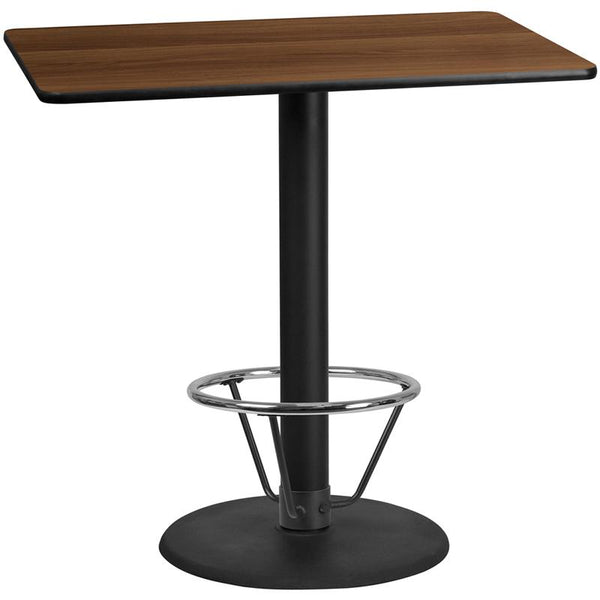 Flash Furniture 30'' x 48'' Rectangular Walnut Laminate Table Top with 24'' Round Bar Height Table Base and Foot Ring - XU-WALTB-3048-TR24B-4CFR-GG