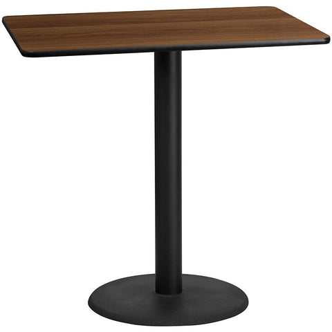 Flash Furniture 30'' x 48'' Rectangular Walnut Laminate Table Top with 24'' Round Bar Height Table Base - XU-WALTB-3048-TR24B-GG