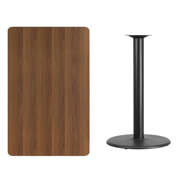 Flash Furniture 30'' x 48'' Rectangular Walnut Laminate Table Top with 24'' Round Bar Height Table Base - XU-WALTB-3048-TR24B-GG