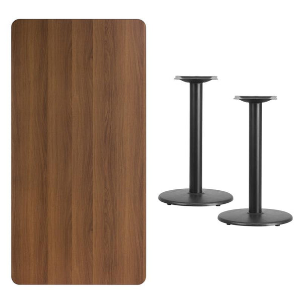 Flash Furniture 30'' x 60'' Rectangular Walnut Laminate Table Top with 18'' Round Table Height Bases - XU-WALTB-3060-TR18-GG