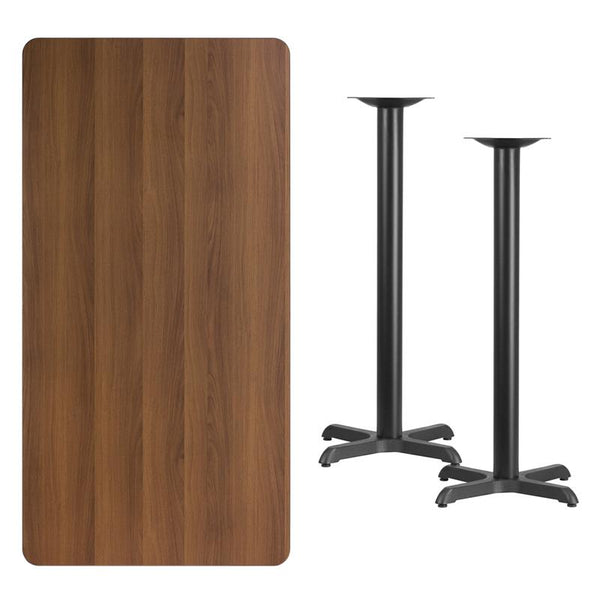 Flash Furniture 30'' x 60'' Rectangular Walnut Laminate Table Top with 22'' x 22'' Bar Height Table Bases - XU-WALTB-3060-T2222B-GG