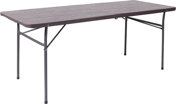 Flash Furniture 30''W x 72''L Bi-Fold Brown Wood Grain Plastic Folding Table with Carrying Handle - DAD-LF-183Z-GG