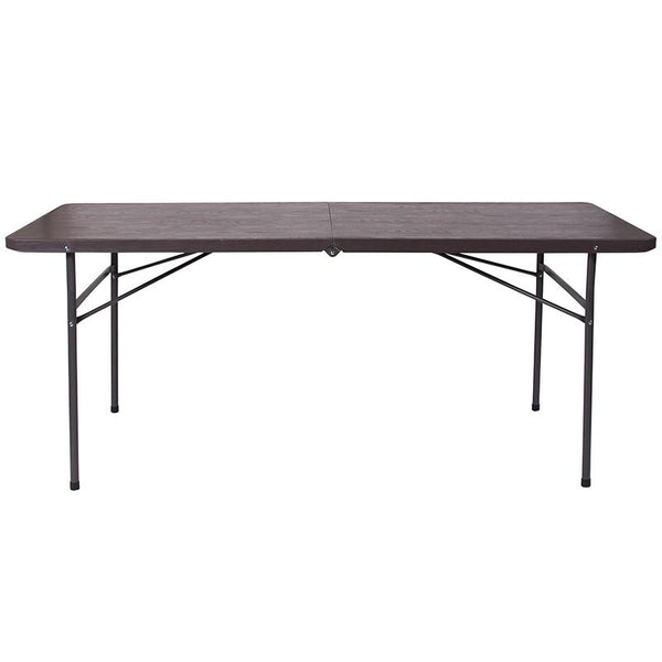 Flash Furniture 30''W x 72''L Bi-Fold Brown Wood Grain Plastic Folding Table with Carrying Handle - DAD-LF-183Z-GG