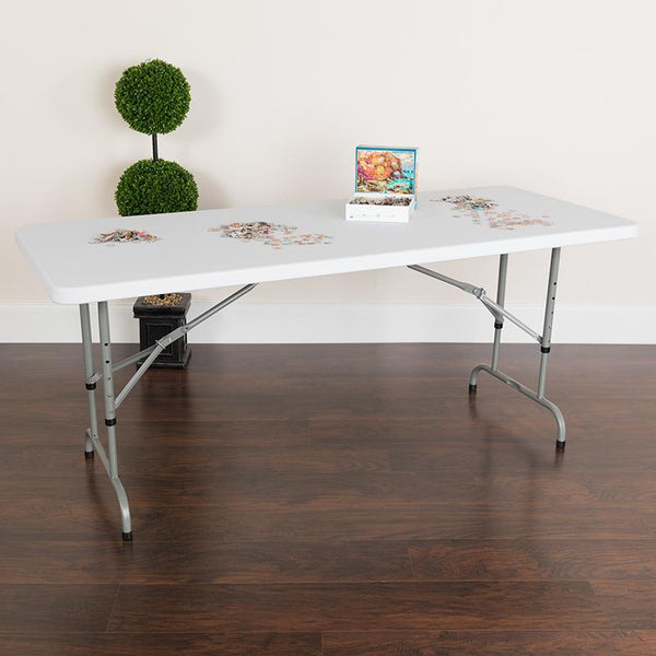 Flash Furniture 30''W x 72''L Height Adjustable Granite White Plastic Folding Table - RB-3072ADJ-GG