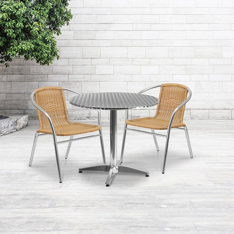 Flash Furniture 31.5'' Round Aluminum Indoor-Outdoor Table Set with 2 Beige Rattan Chairs - TLH-ALUM-32RD-020BGECHR2-GG