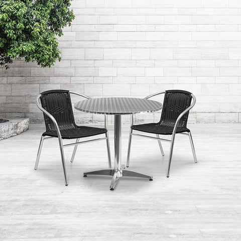 Flash Furniture 31.5'' Round Aluminum Indoor-Outdoor Table Set with 2 Black Rattan Chairs - TLH-ALUM-32RD-020BKCHR2-GG