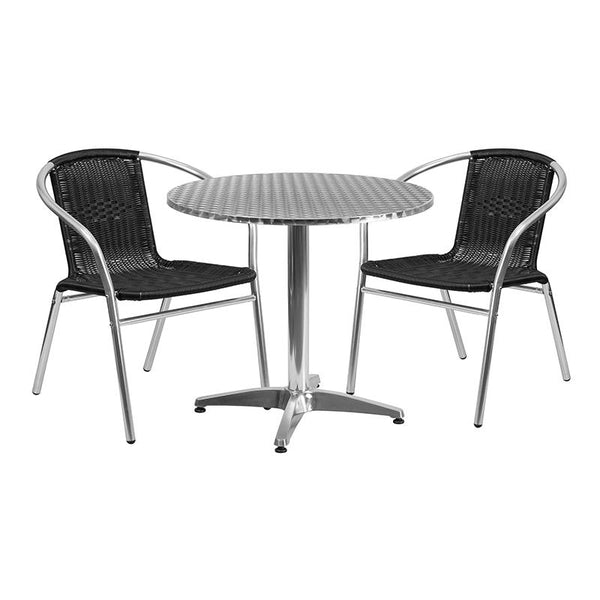 Flash Furniture 31.5'' Round Aluminum Indoor-Outdoor Table Set with 2 Black Rattan Chairs - TLH-ALUM-32RD-020BKCHR2-GG