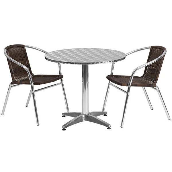 Flash Furniture 31.5'' Round Aluminum Indoor-Outdoor Table Set with 2 Dark Brown Rattan Chairs - TLH-ALUM-32RD-020CHR2-GG