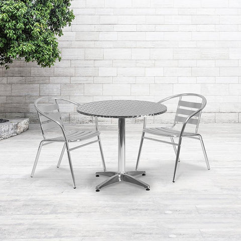 Flash Furniture 31.5'' Round Aluminum Indoor-Outdoor Table Set with 2 Slat Back Chairs - TLH-ALUM-32RD-017BCHR2-GG