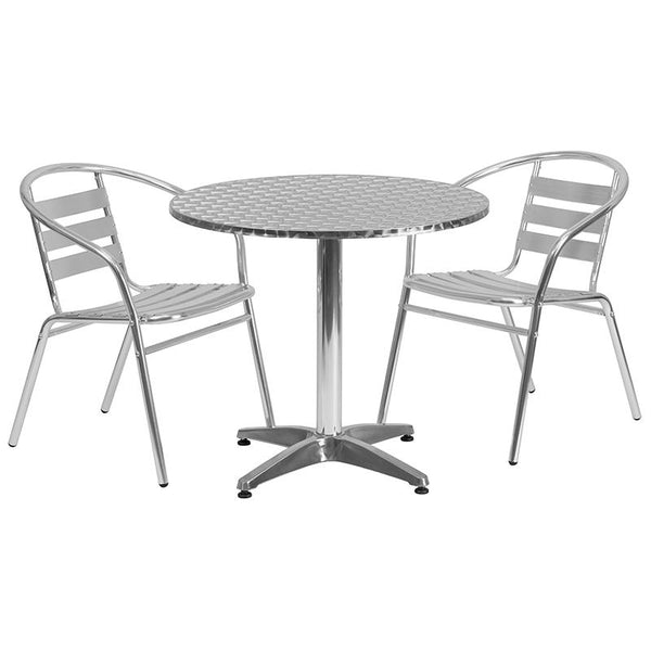 Flash Furniture 31.5'' Round Aluminum Indoor-Outdoor Table Set with 2 Slat Back Chairs - TLH-ALUM-32RD-017BCHR2-GG